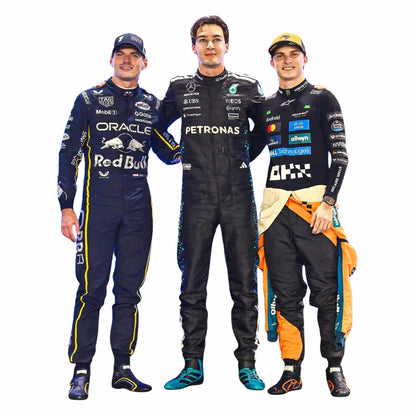 Three Formula 1 drivers, Max Verstappen, George Russell and Oscar Piastri, in Las Vegas GP F1 racing suits with visible sponsor logos on a white background