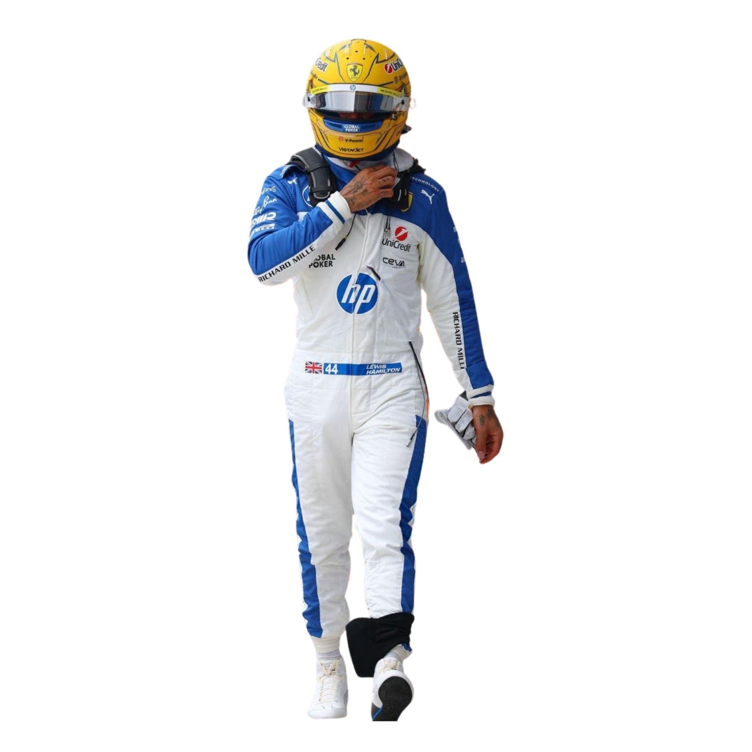Front view of the 2025 F1 racing suits worn by Lewis Hamilton at the Miami GP, showcasing sleek aerodynamic design with tropical-inspired detailing and precision sponsor placement.
