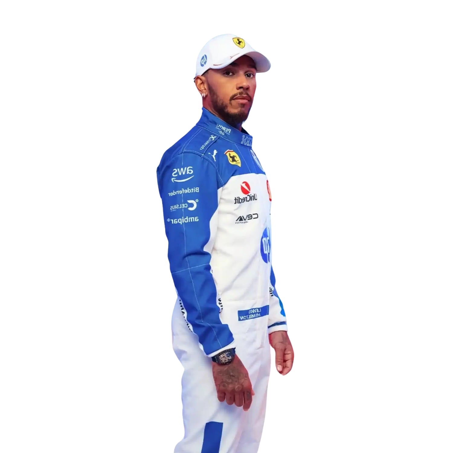 Side Profile of the 2025 F1 racing suits worn by Lewis Hamilton at the Miami GP, showcasing sleek aerodynamic design with tropical-inspired detailing and precision sponsor placement.