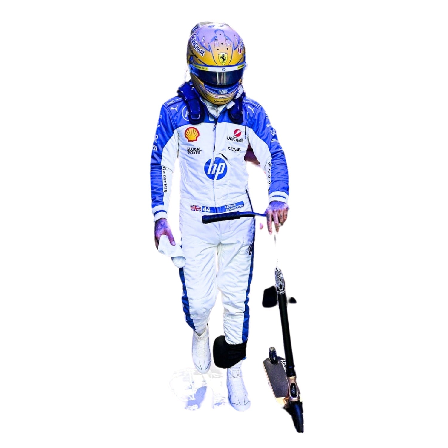 Front view of the 2025 F1 racing suits worn by Lewis Hamilton at the Miami GP, showcasing sleek aerodynamic design with tropical-inspired detailing and precision sponsor placement.