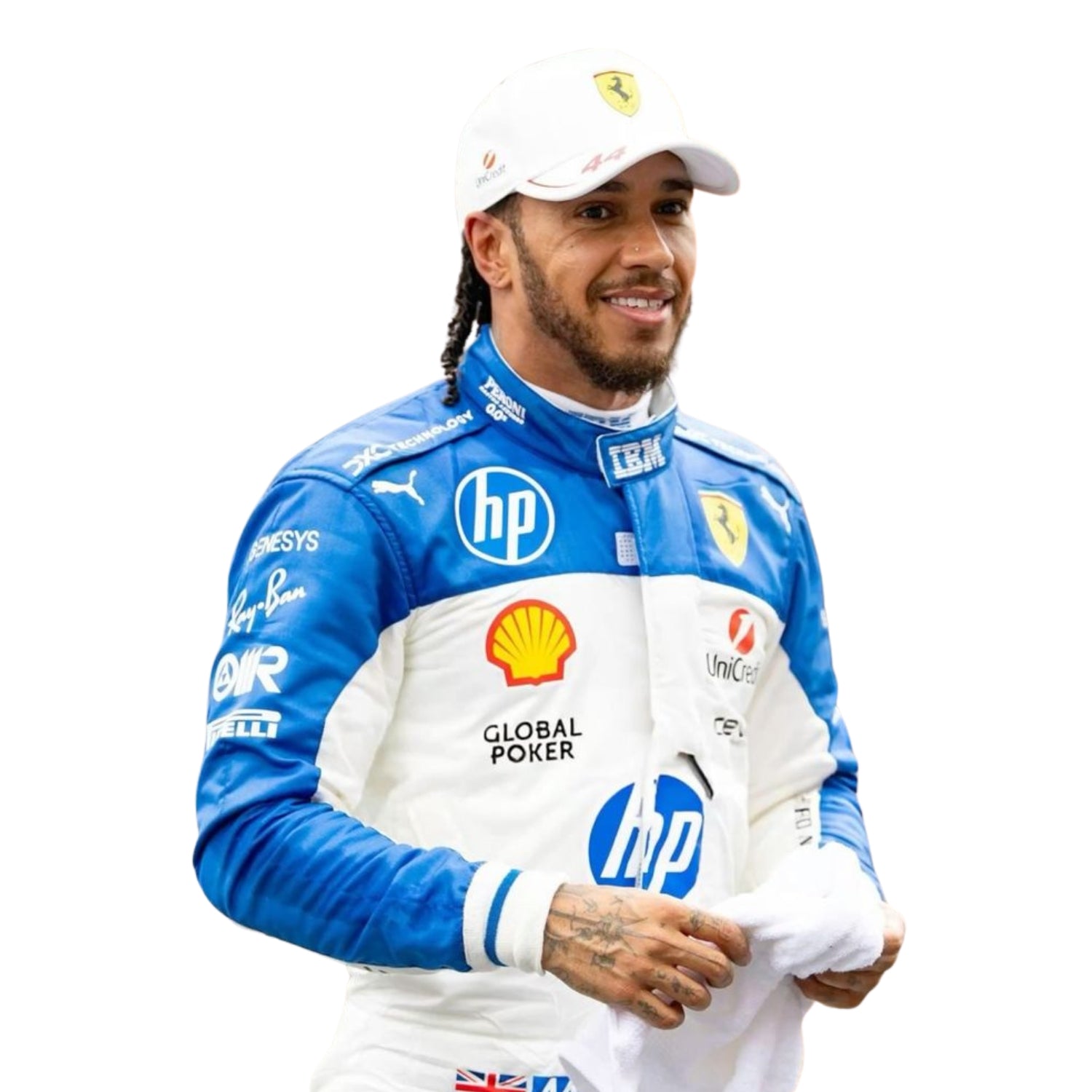 Detailed close-up of the Miami GP 2025 racing suit materials, including high-contrast stitching, driver name embroidery, and premium patches tailored for Hamilton.