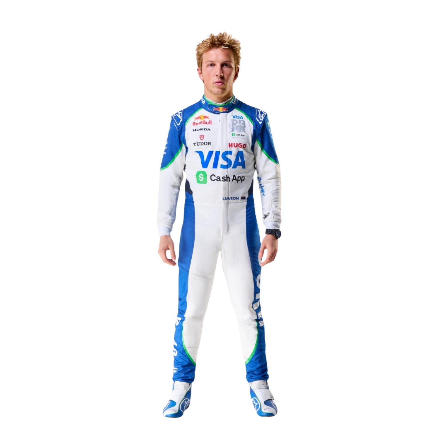 Front view of Liam Lawson 2025 Visa Cash App Edition F1 Race Suit
