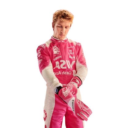 Liam Lawson wearing a pink F1 racing suit with various sponsor logos on a white background