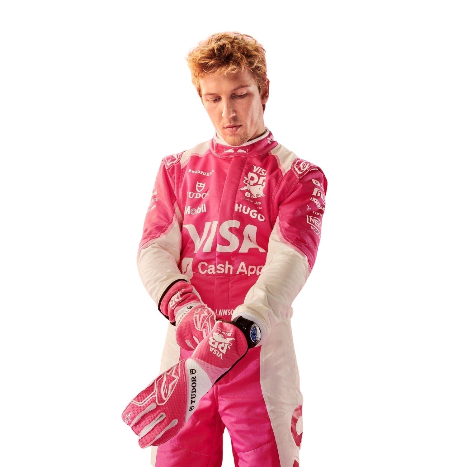 Liam Lawson wearing a pink racing suit with various sponsor logos on a white background