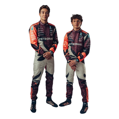 Front view of George Russell and Andrea Kimi Antonelli’s 2025 Miami GP F1 racing suits featuring modern aerodynamic tailoring, tropical-inspired graphics, and race-ready detailing.