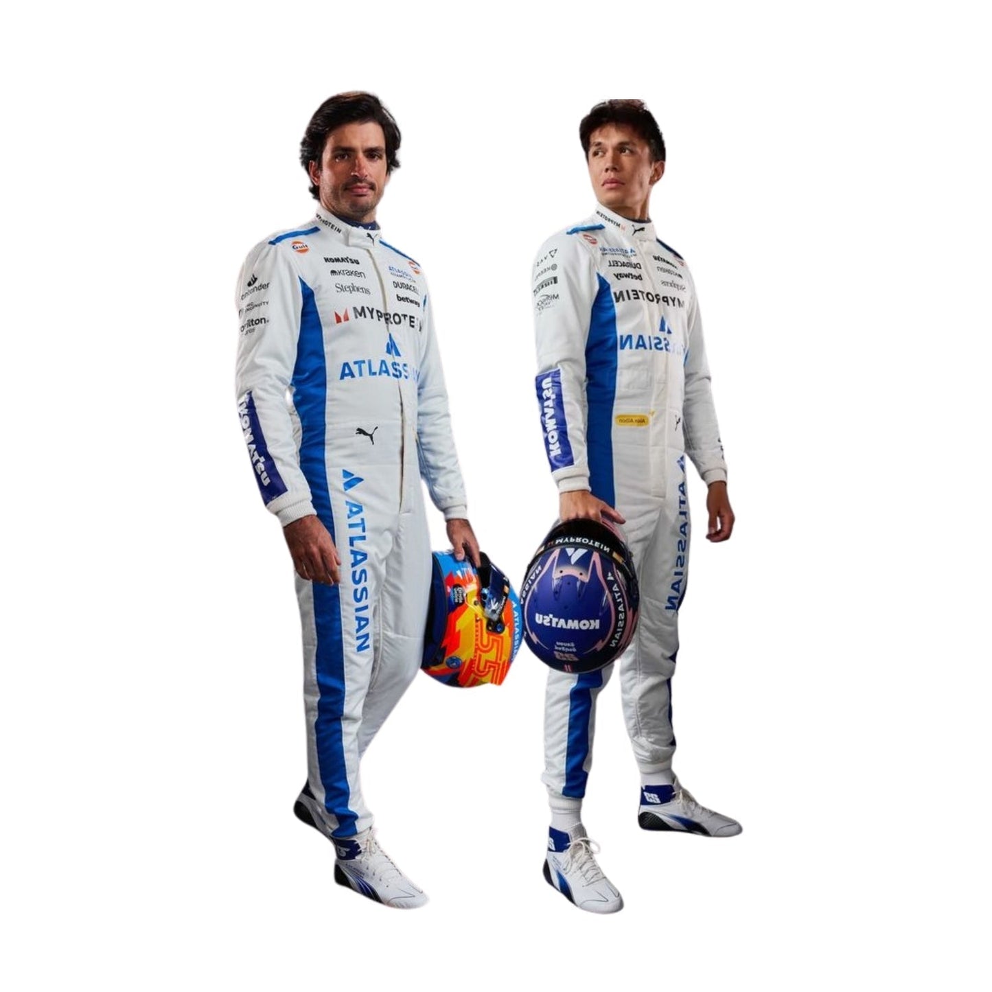 Alex Albon and Carlos Sainz Formula 1 drivers in racing suits with visible branding on a white background