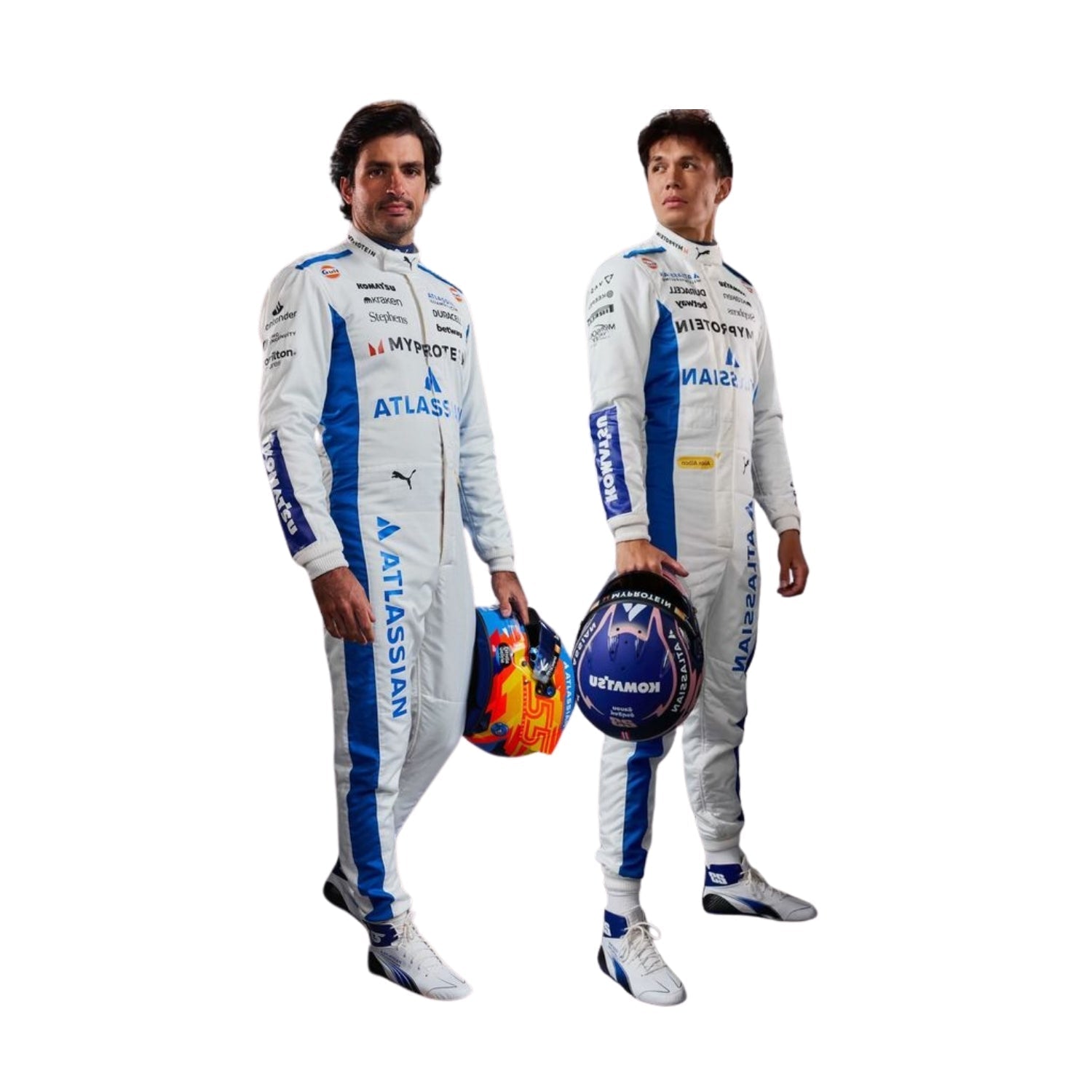 Alex Albon and Carlos Sainz Formula 1 drivers in racing suits with visible branding on a white background