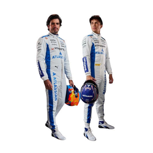 Alex Albon and Carlos Sainz Formula 1 drivers in racing suits with visible branding on a white background