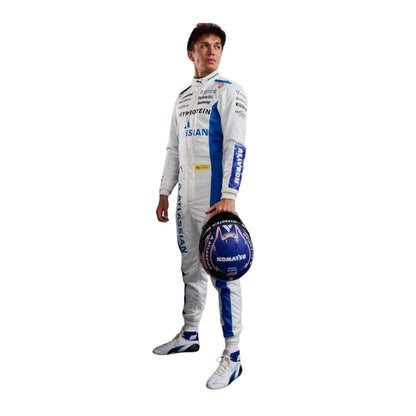 Side profile of Alex Albon wearing his 2025 Monaco GP racing suit, highlighting the suit's aerodynamic fit and detailing.
