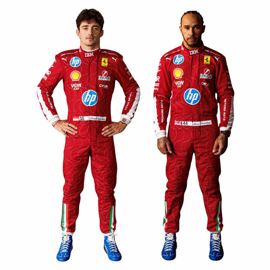 Charles Leclerc and Lewis Hamilton -  wearing Monza GP Ferrari red 2025 F1 racing suits with various sponsor logos on a white background