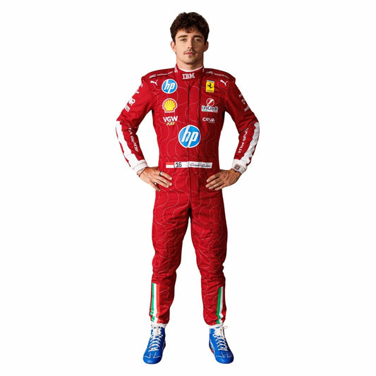 Front View of Charles Leclerc wearing a Ferrari red 2025 Monza GP F1 racing suit with various sponsor logos on a white background