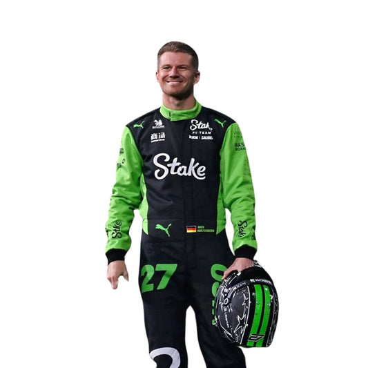 Close-up detail of Hülkenberg’s 2025 F1 race suit stitching with teal accents on black and white fabric, showing part of race number 27.