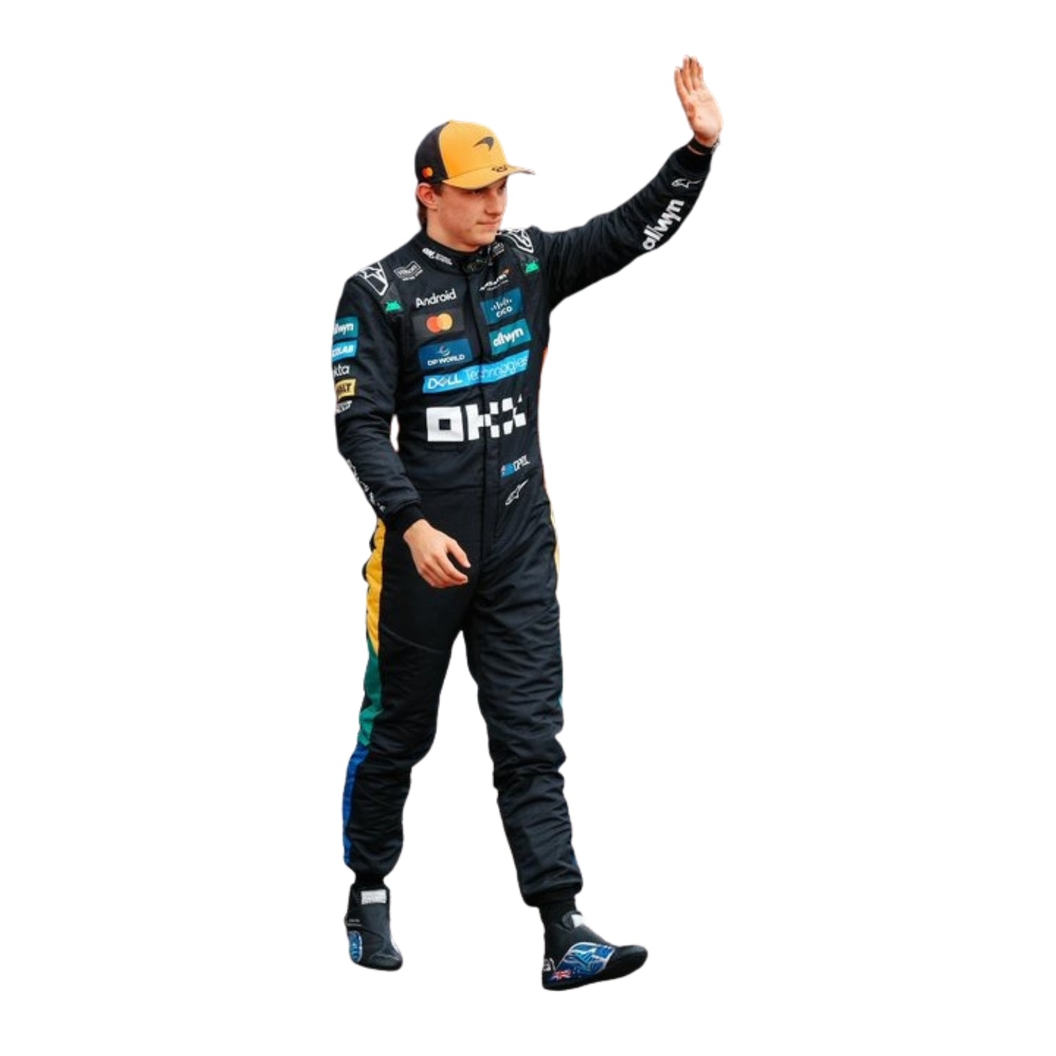 Oscar Piastri 2025 Silverstone British GP F1 racing suit front view wearing a racing suit with various sponsor logos on a white background