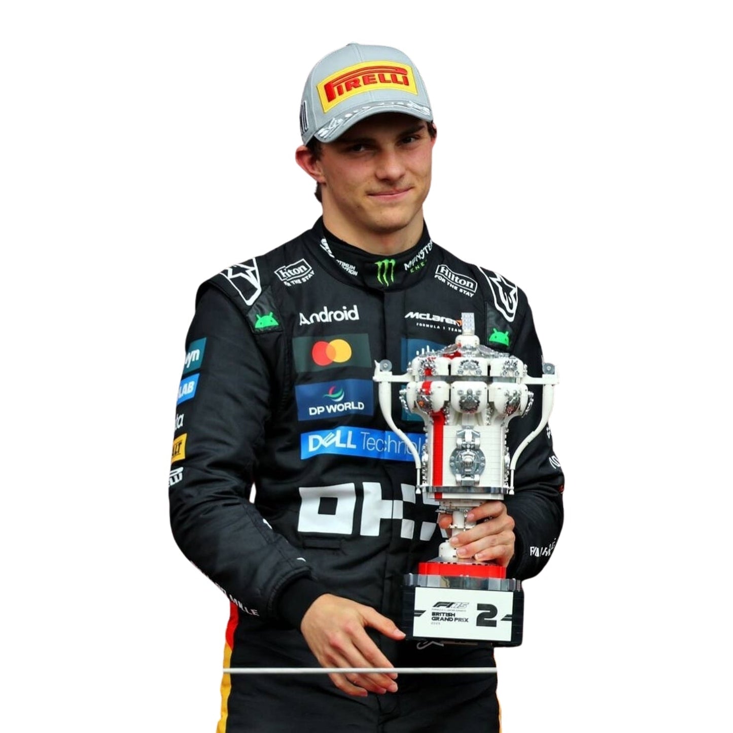 Detailed stitching and logo texture on Oscar Piastri 2025 Silverstone in a black racing suit holding a trophy with visible branding on a white background