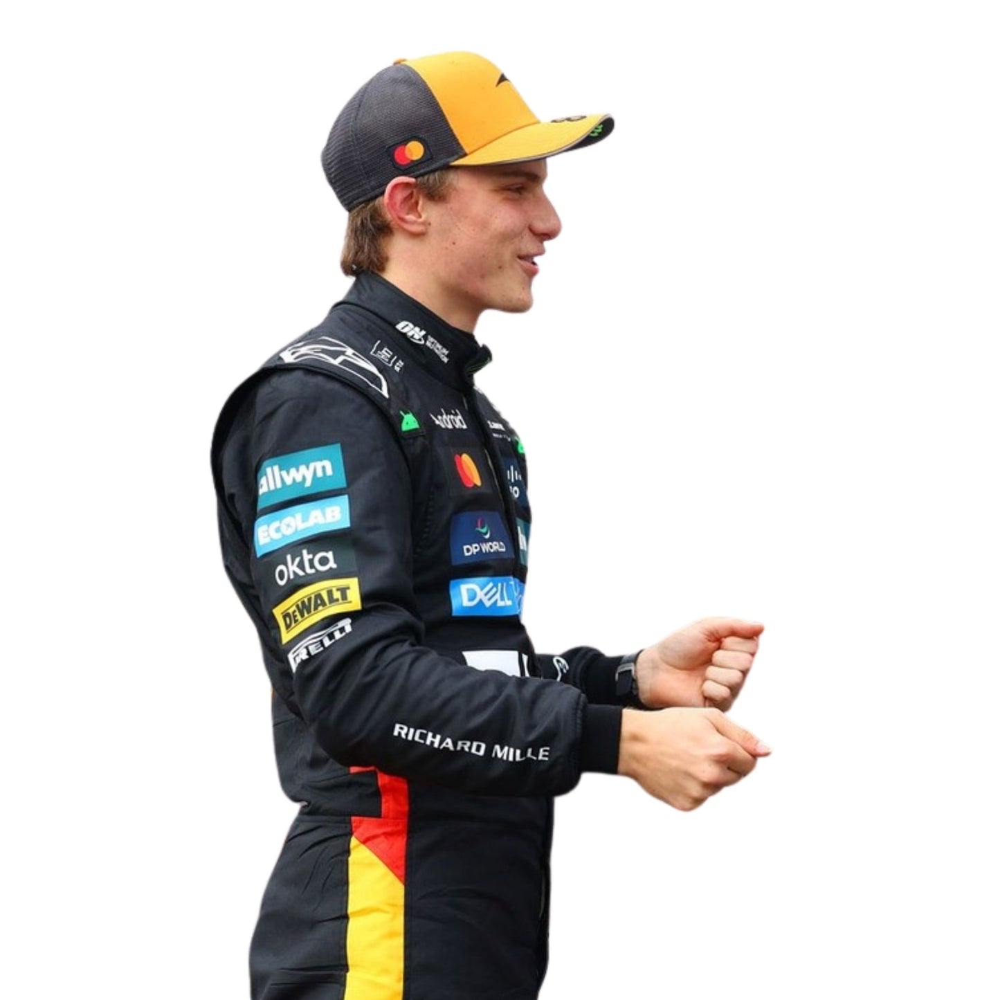 Oscar Piastri 2025 British GP F1 costume side profile showing sharp aerodynamic lines, wearing a racing suit with various sponsor logos on a white background