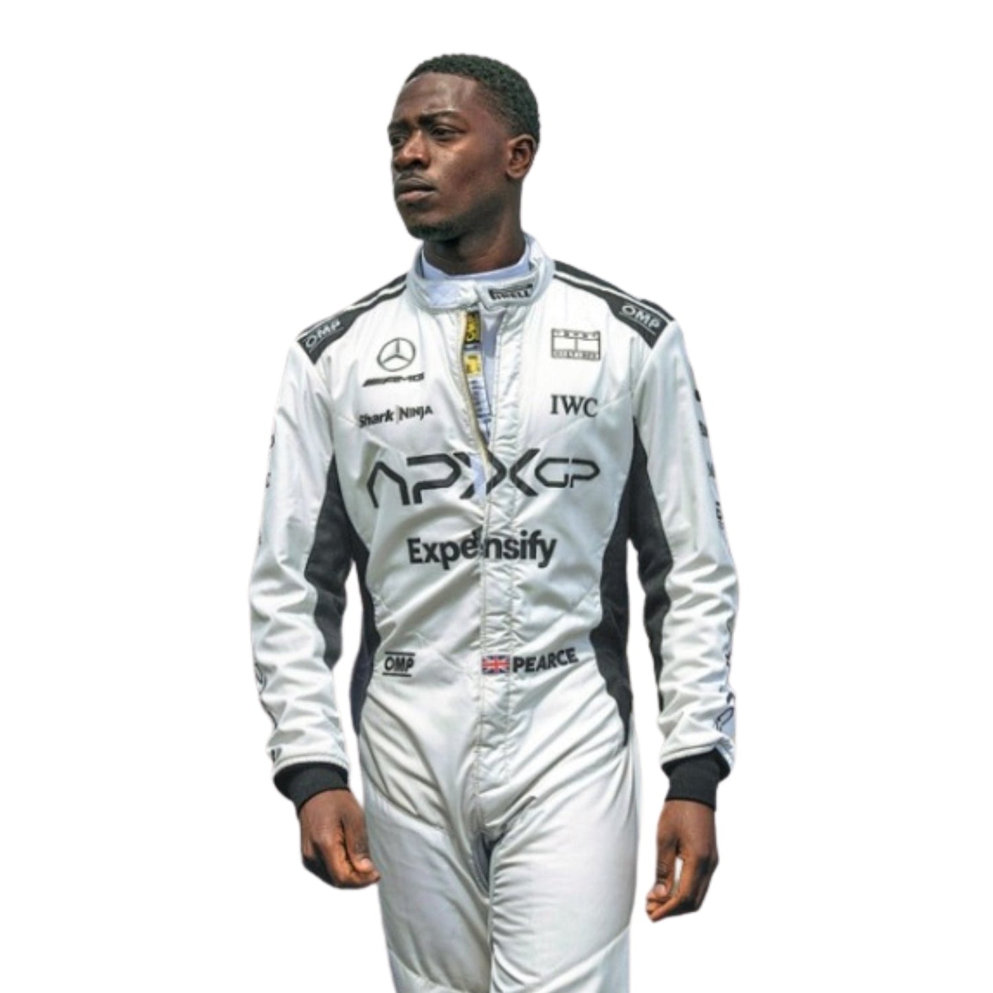 Detailed close-up of Damson Idris 2025 F1 racing movie suit stitching and logos