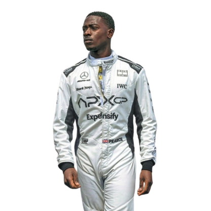 Detailed close-up of Damson Idris 2025 F1 racing movie suit stitching and logos
