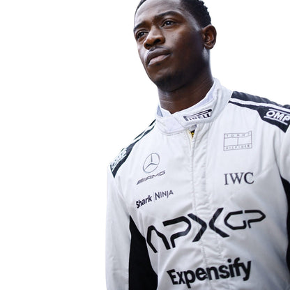 Detailed close-up of Damson Idris 2025 F1 racing movie suit stitching and logos