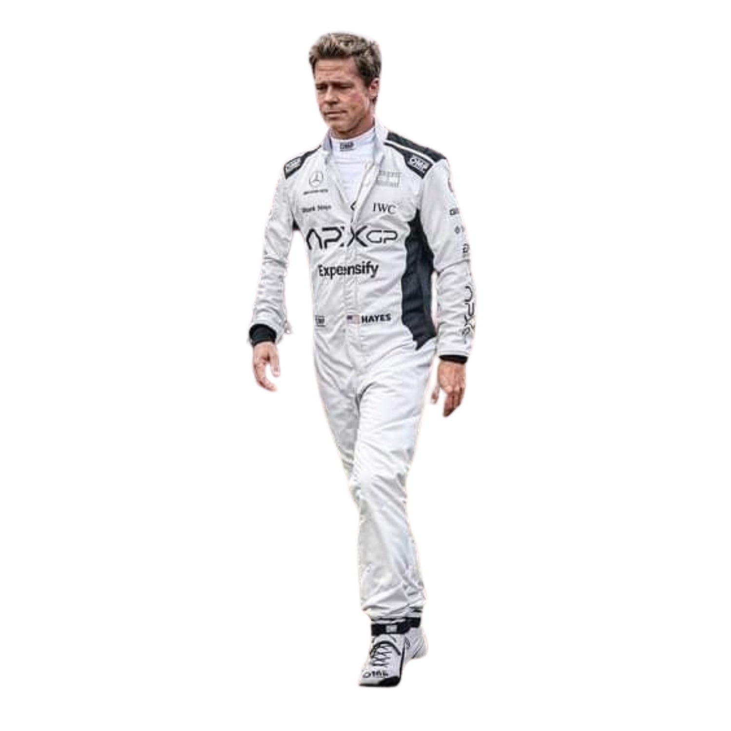Brad Pitt 2025 F1 The Movie suit side profile highlighting stitching and bold racing aesthetics