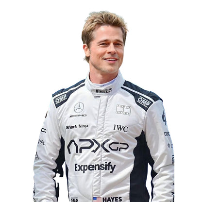 Detailed close-up of Brad Pitt 2025 F1 The Movie racing suit fabric and finishing
