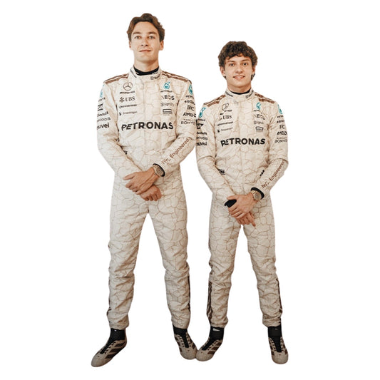 George Russell and Kimi Andrea Antonelli, 2025 USA Austin GP F1 racing suits front view. The Mojave Desert inspires this suit.