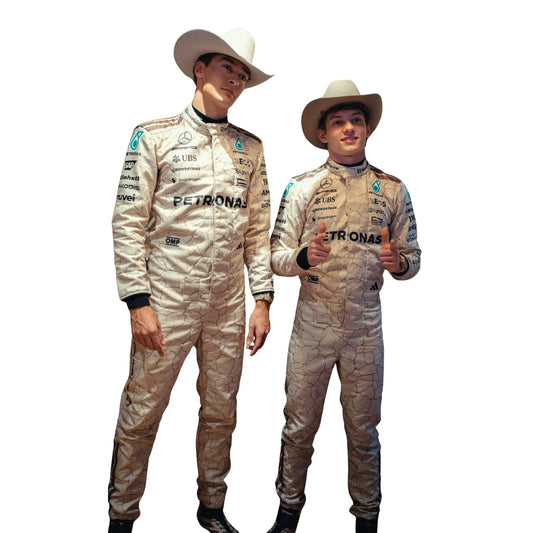 George Russell and Kimi Andrea Antonelli 2025 USA Austin GP  inspired by the Mojave Desert F1 racing suits front view with blue accents