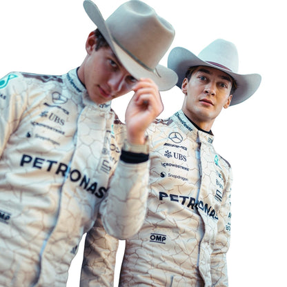 Close-up detailing of inspired by the Mojave Desert trims and stitching on Russell & Antonelli 2025 Austin GP racing costumes