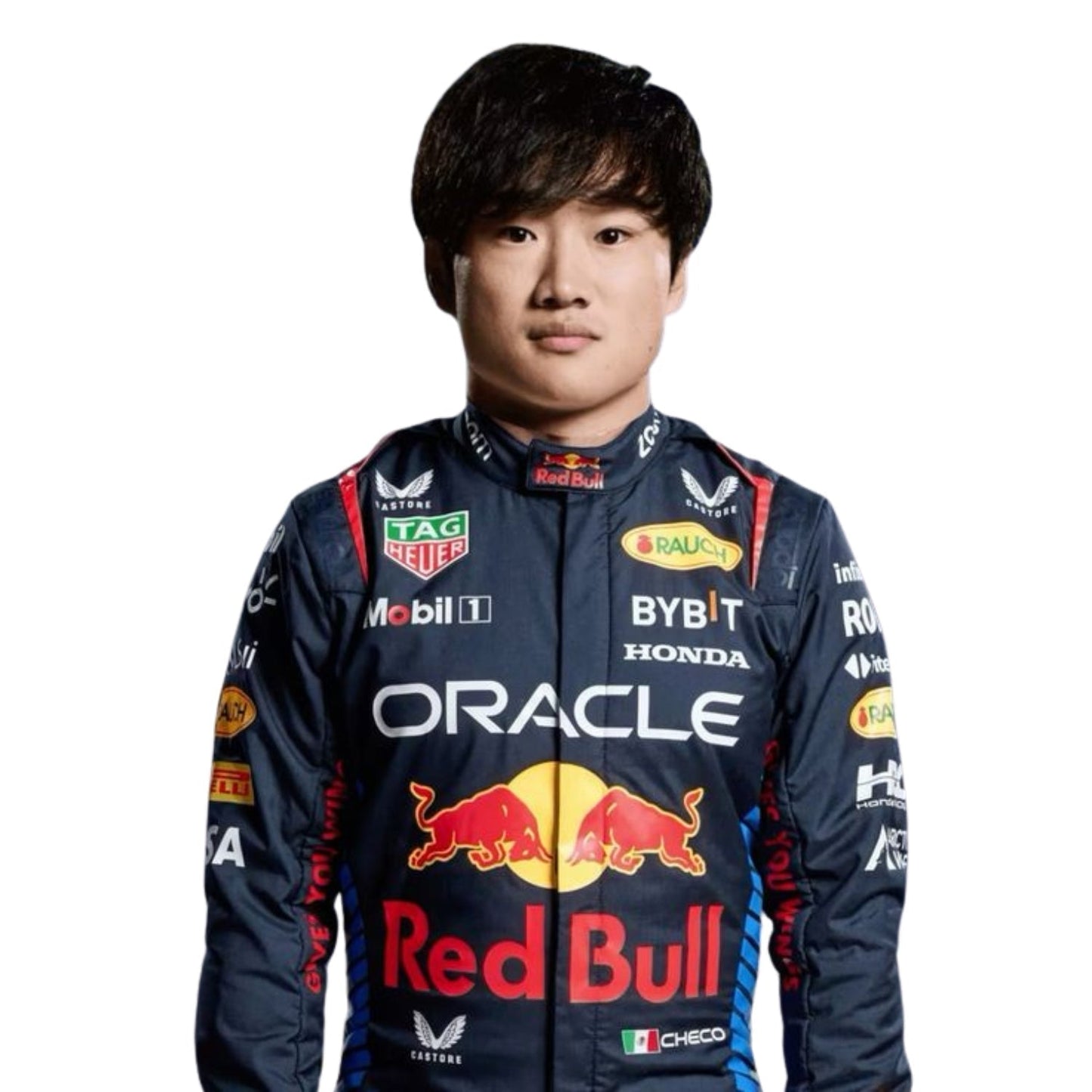 Yuki Tsunoda in action during the 2025 Abu Dhabi Grand Prix at Yas Marina Circuit, wearing his special edition blue race suit with red accents.