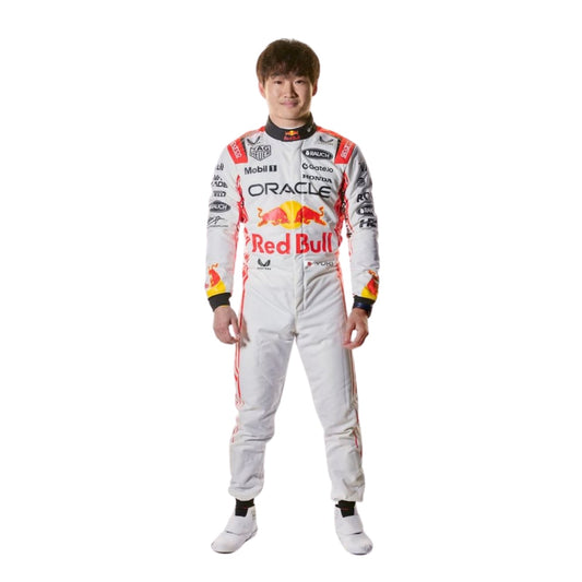Side profile of Yuki Tsunoda's 2025 race suit, emphasizing the aerodynamic fit and the integration of blue and green elements on a white base.