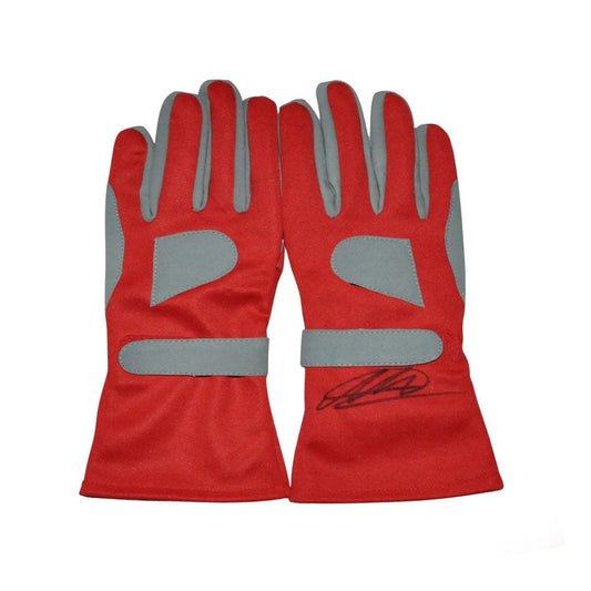 Red Alexander Albon F1 Racing gloves with gray accents on a white background