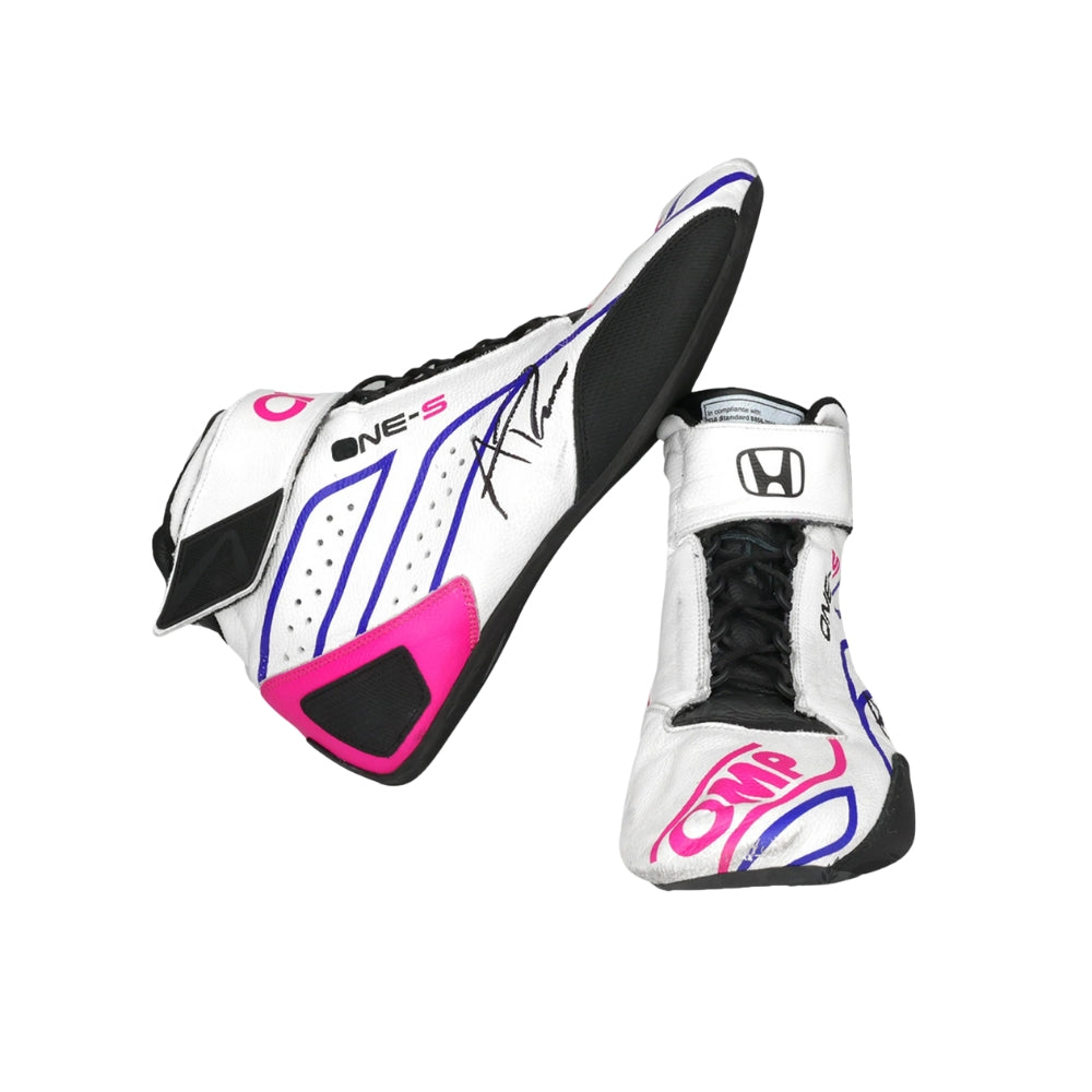 Pair of white Alexander Rossi 2022 Gallagher Grand Prix Race Winning F1 Racing boots with black and pink accents on a white background