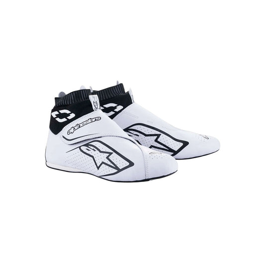 White Alpinestars Supermono v2 racing shoes with black accents on a white background