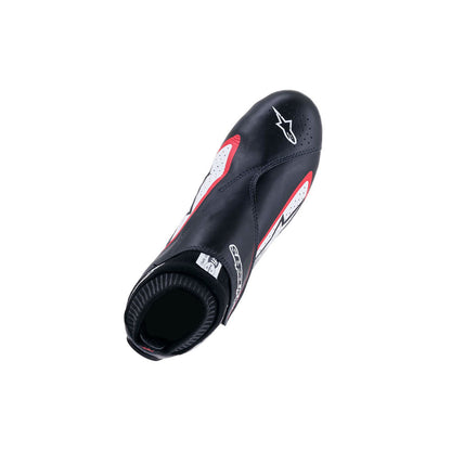 Black Alpinestars Supermono v2 racing shoes with red accents on a white background