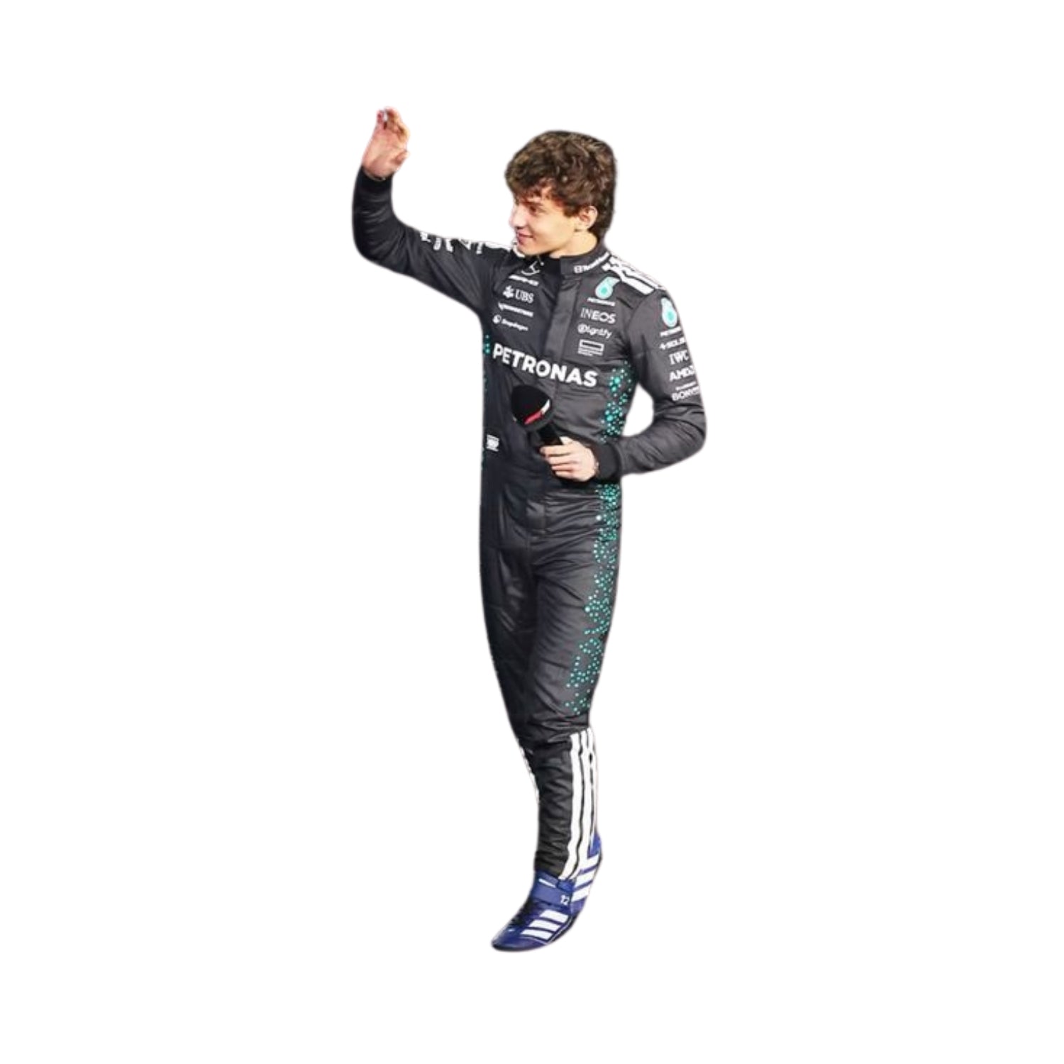 Side profile of 2025 racing outfit worn by Andrea Kimi Antonelli with contour-hugging panels, breathable mesh insets, and streamlined sponsor layout.