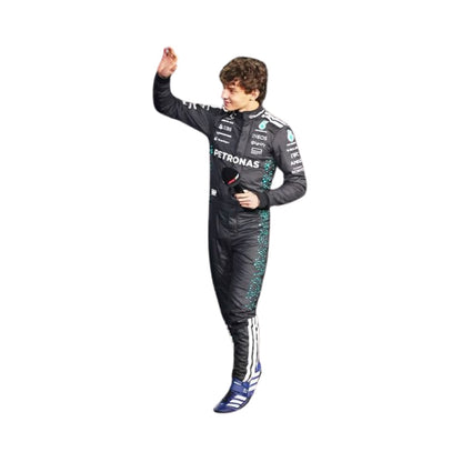 Side profile of 2025 racing outfit worn by Andrea Kimi Antonelli with contour-hugging panels, breathable mesh insets, and streamlined sponsor layout.