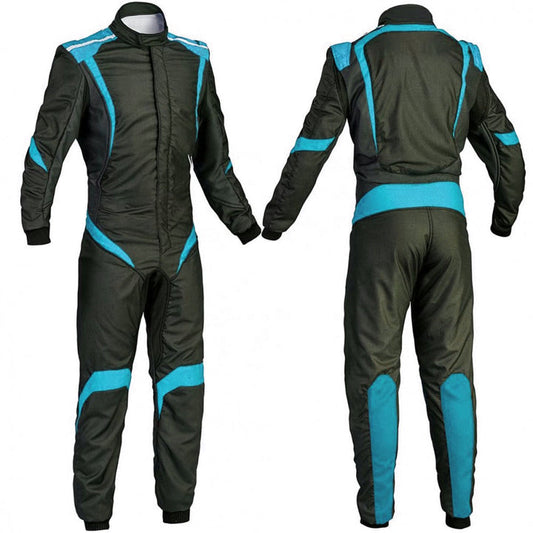 A front and back view of a black and blue go kart racing suit with details such as zippers and branded emblems.
