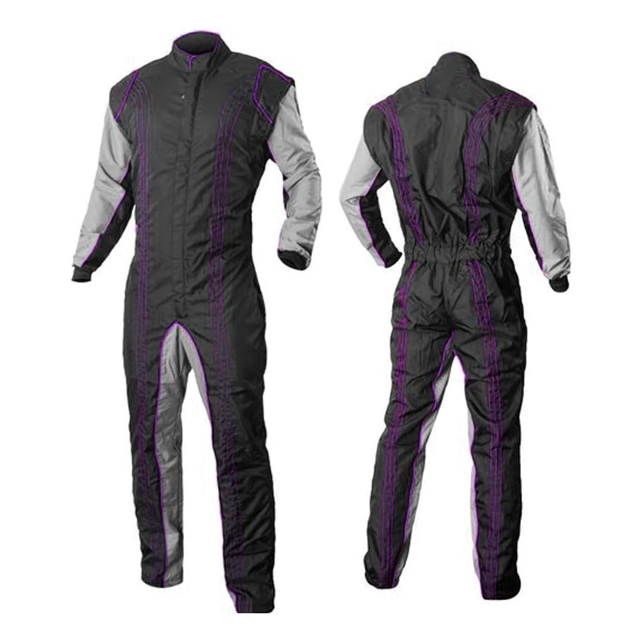 A front and back view of a black and gray go-kart race suit with purple accents, featuring a full zip, elasticated cuffs, and a fine collar with Velcro.