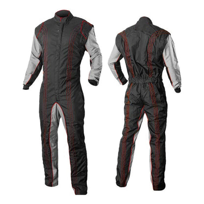 A front and back view of a black and gray go-kart racing suit with red accents, featuring a full zipper, elasticated cuffs, and a fine collar with Velcro.
