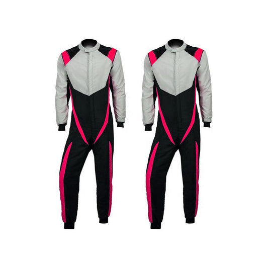 Two views of a black and gray racing suit for go karting with pink accents, featuring a full zip and elasticated cuffs.