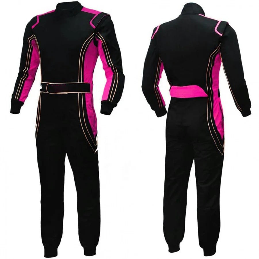 A black kart racing suit with pink accents, designed for both men and women, featuring a full zip and elasticated cuffs.