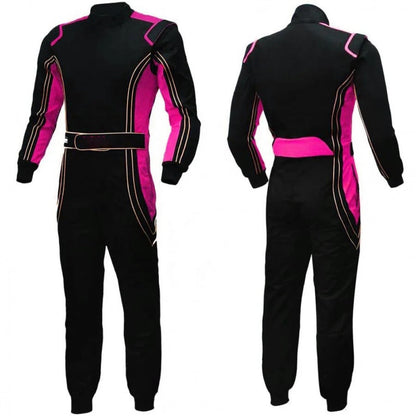 A black kart racing suit with pink accents, designed for both men and women, featuring a full zip and elasticated cuffs.