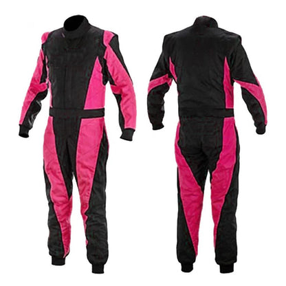 A front and back view of a black and pink custom go-kart racing outfit.