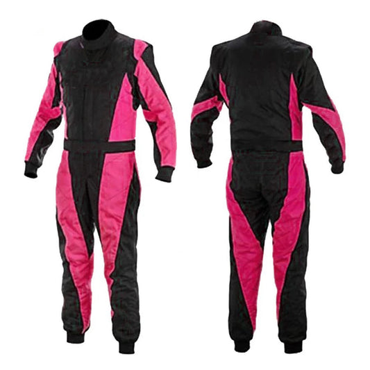 A front and back view of a black and pink custom go-kart racing outfit.
