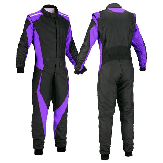 A front and back view of a black and purple custom go kart racing suit.