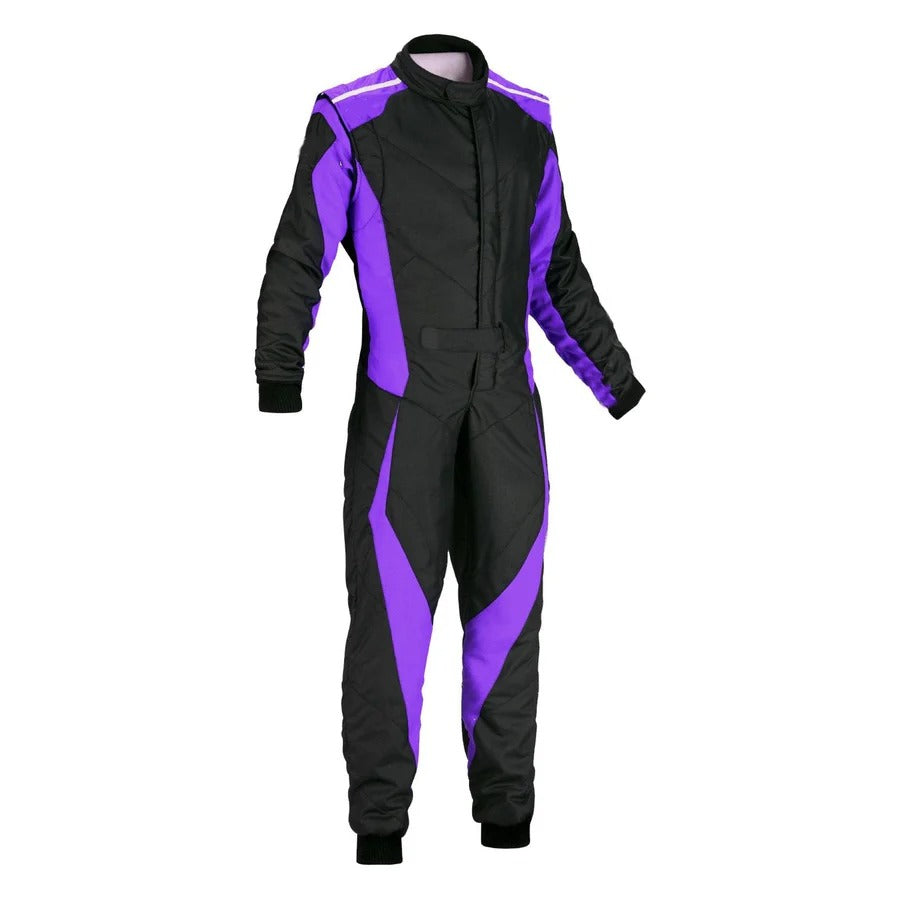 Black and purple custom go-kart racing suit front view featuring dual-tone design and flexible stretch zones.