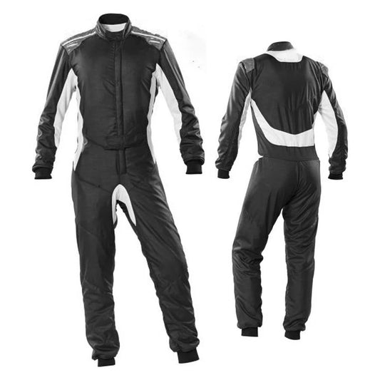 A two-piece black and white go kart racing suit with long sleeves, designed for male racers.