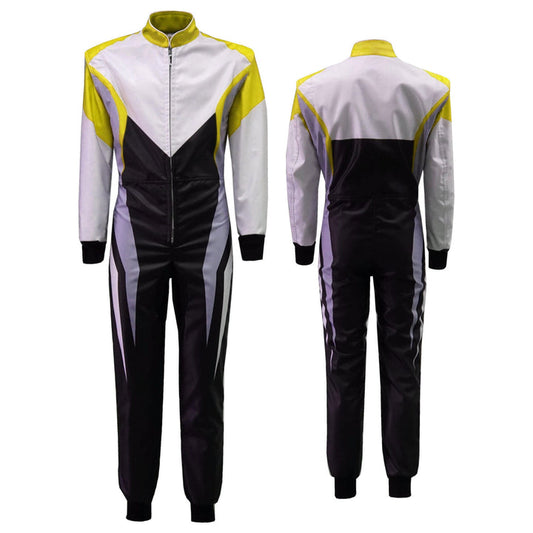 A front and back view of a black and white racing suit with yellow accents, designed for go karting, featuring a full zip and elasticated cuffs.
