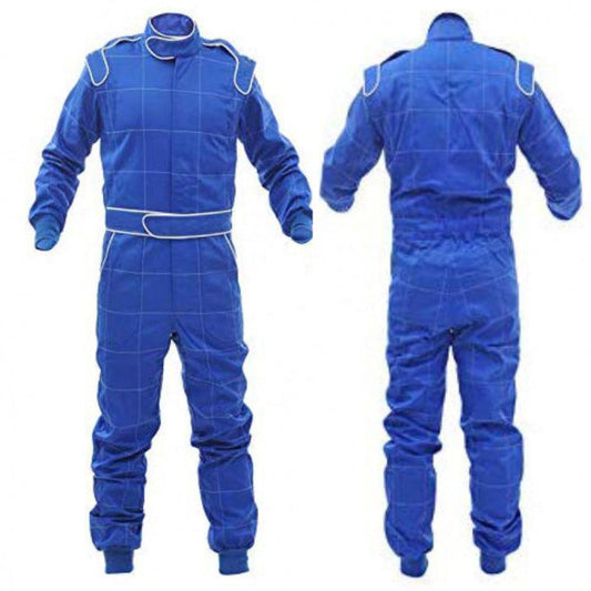 A blue go kart racing suit displayed from the front and back, featuring a full zip, elasticated cuffs, and a fine and soft collar with Velcro.