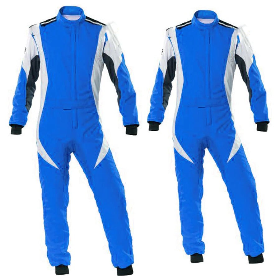 A blue go-kart racing suit for men displayed in two views, front and back, showing the overall design and fit.