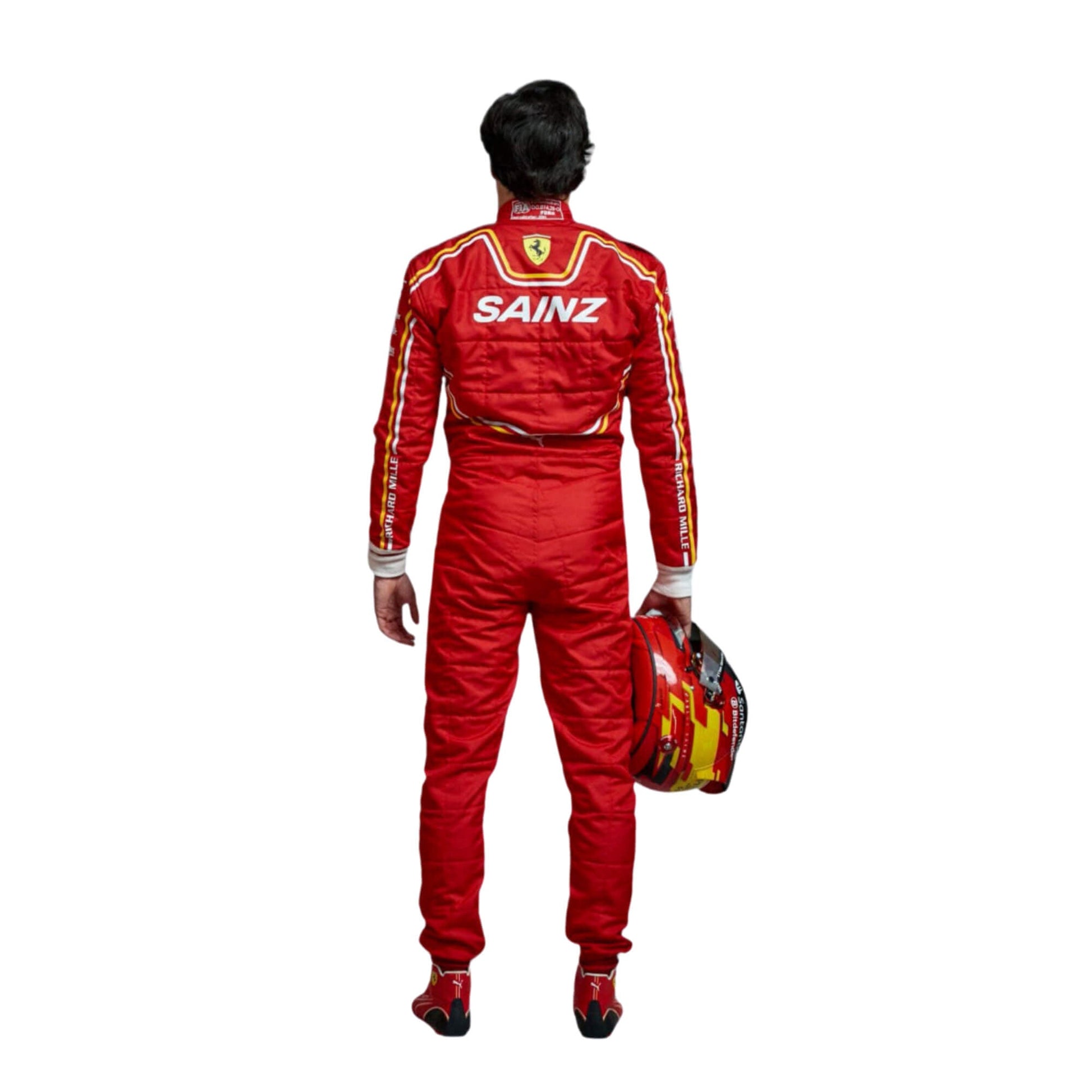 Carlos Sainz wearing a red Ferrari F1 racing suit in 2024 with 'Sainz' branding on a white background